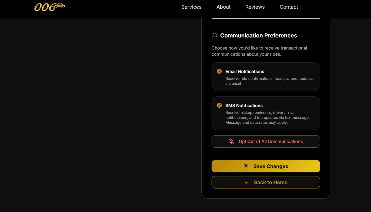 Profile page showing Email Notifications and SMS Notifications checkboxes with Opt Out of All Communications button